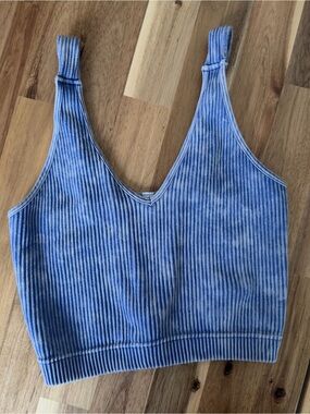 Zenana Outfitters Washed Blue Ribbed V-Neck Crop Tank